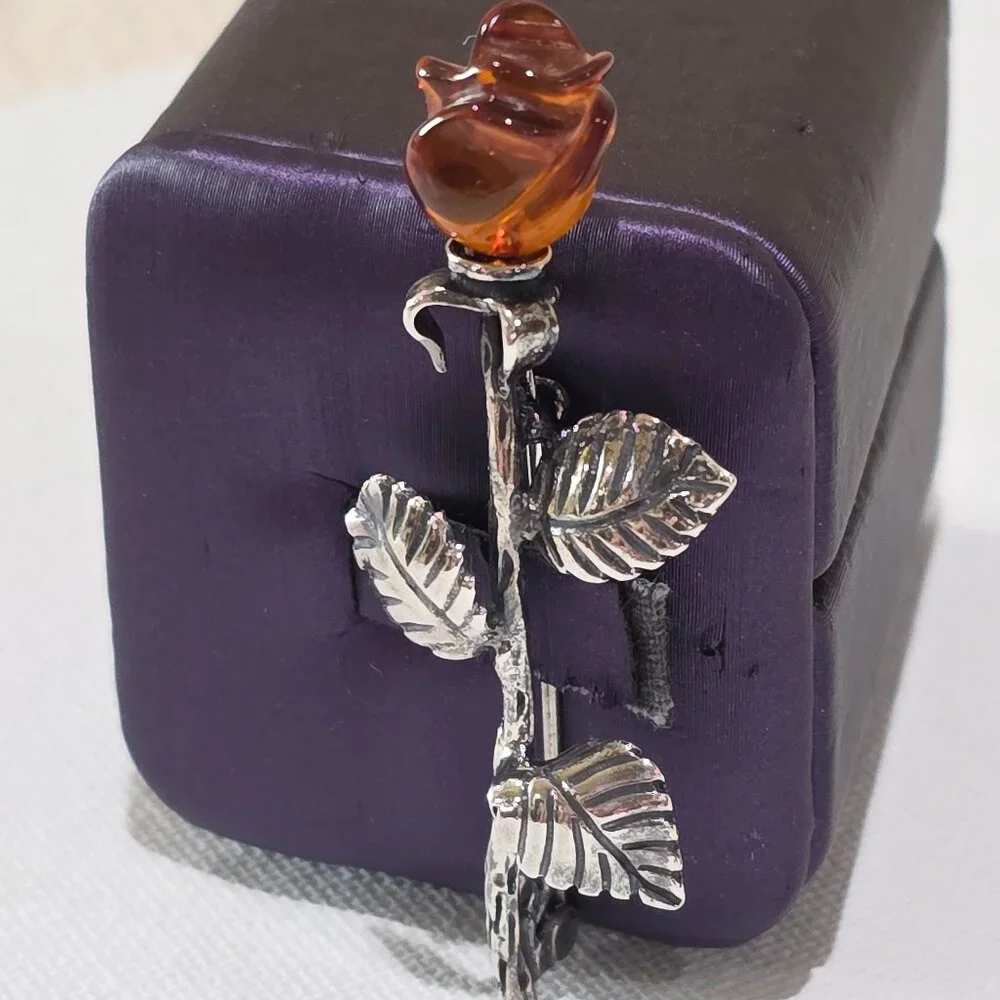 Vintage Carved Baltic Amber Rose Flower High Detail Sterling Silver Pin Brooch